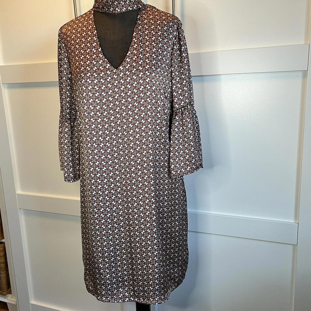 matty m Rust Patterned Dress with Bell Sleeves